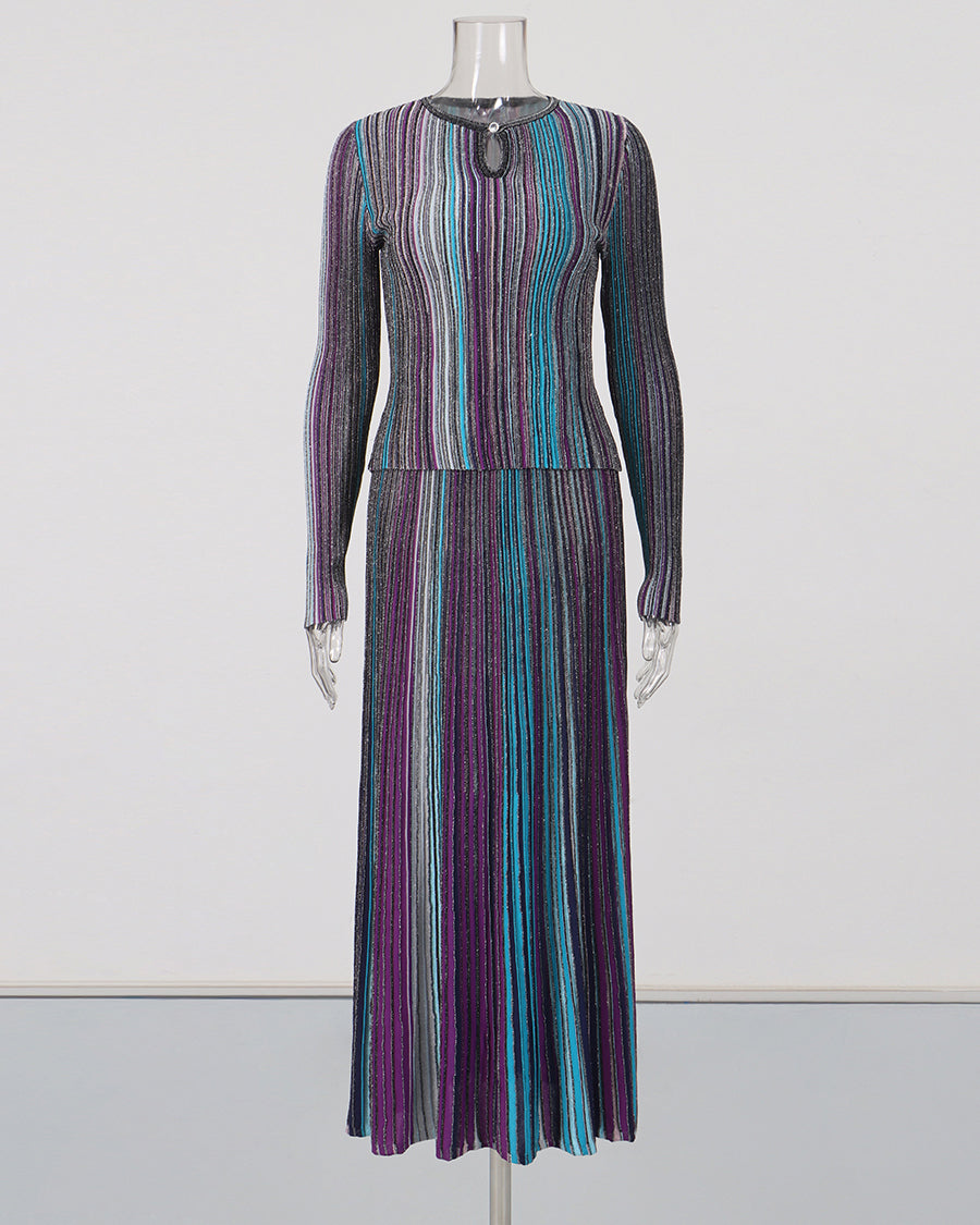 Blue Vertical Stripe Long Sleeve Top Midi Skirt Set
