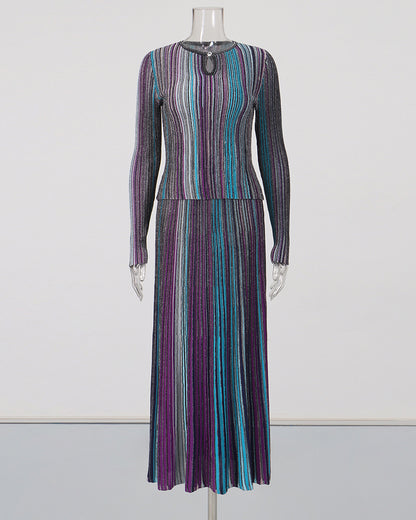 Blue Vertical Stripe Long Sleeve Top Midi Skirt Set