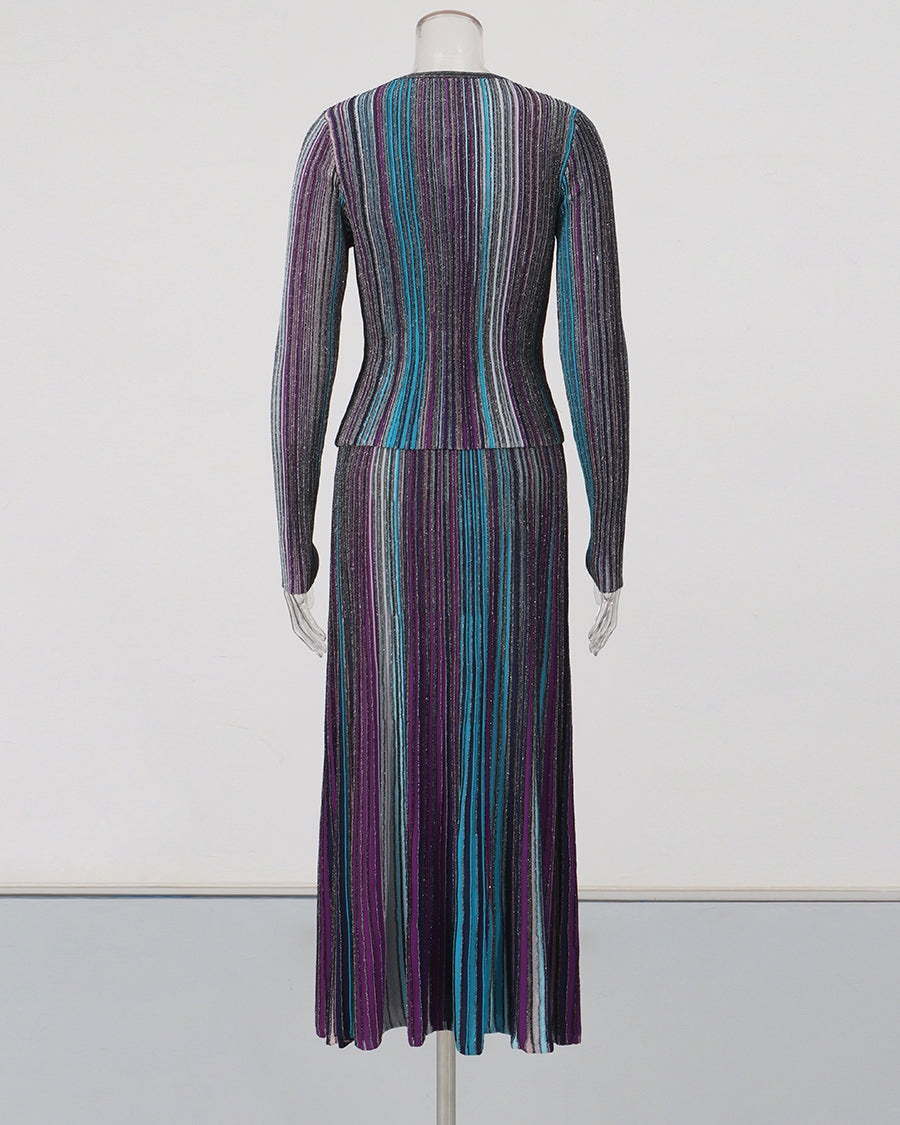 Blue Vertical Stripe Long Sleeve Top Midi Skirt Set