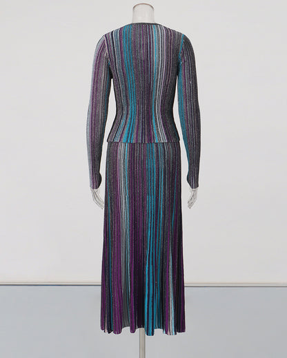 Blue Vertical Stripe Long Sleeve Top Midi Skirt Set