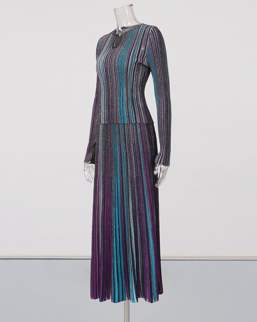 Blue Vertical Stripe Long Sleeve Top Midi Skirt Set