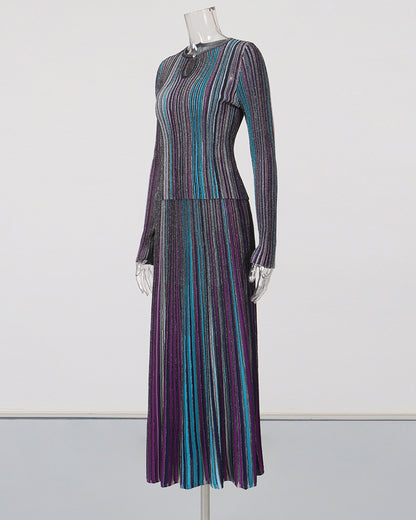 Blue Vertical Stripe Long Sleeve Top Midi Skirt Set