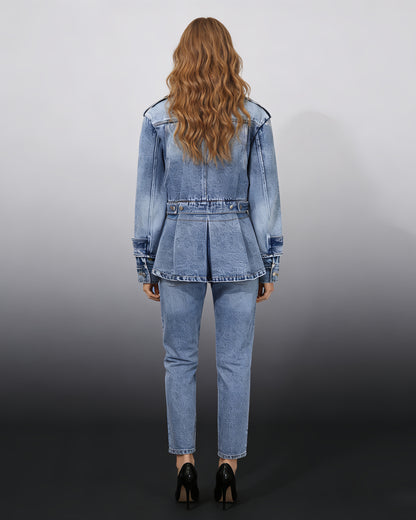 Blue Denim Jacket with Asymmetric Design & Utility Pockets
