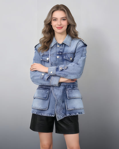 Blue Denim Jacket with Asymmetric Design & Utility Pockets