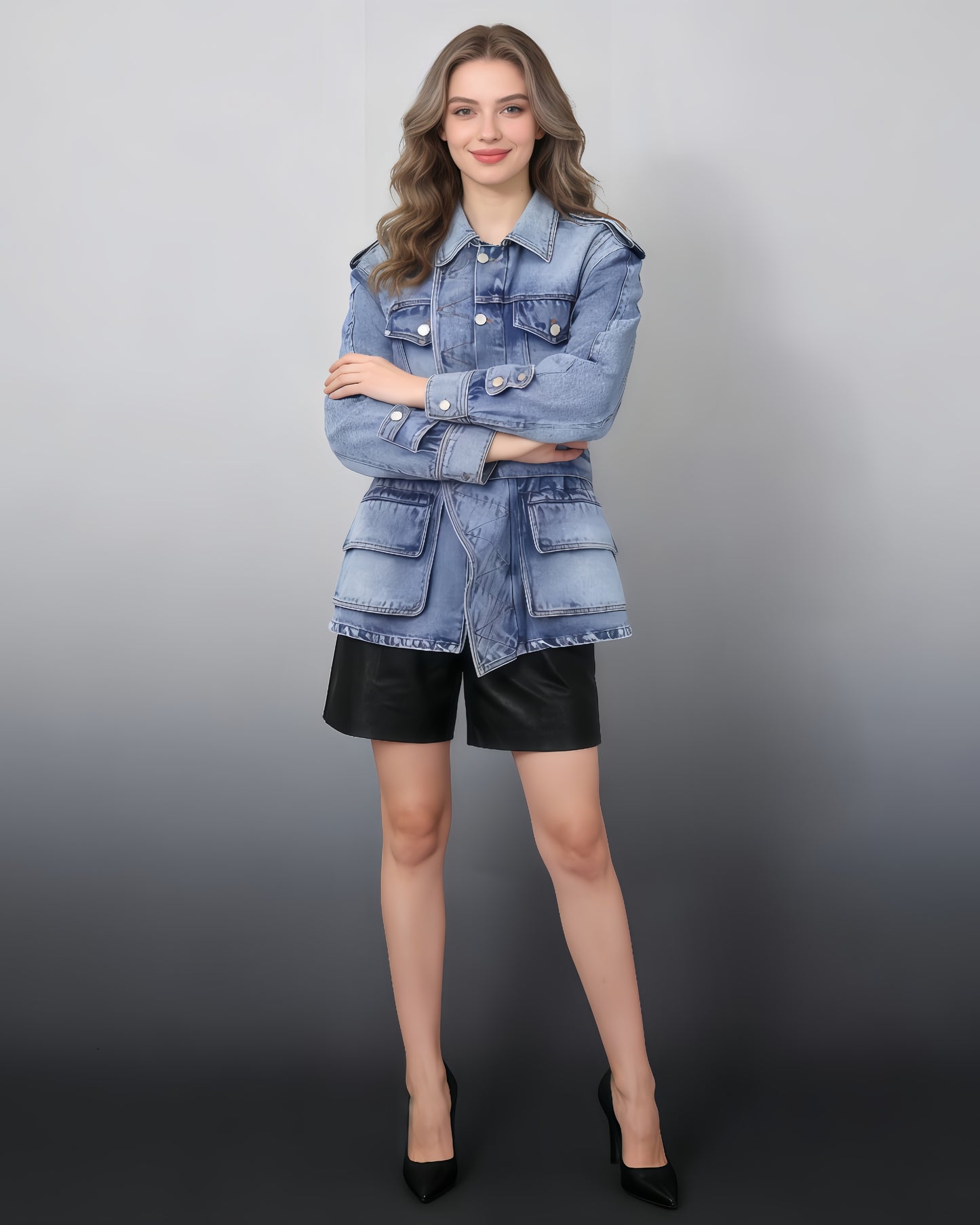 Blue Denim Jacket with Asymmetric Design & Utility Pockets