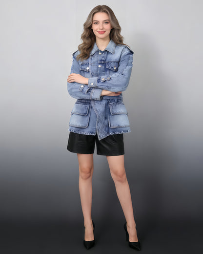 Blue Denim Jacket with Asymmetric Design & Utility Pockets