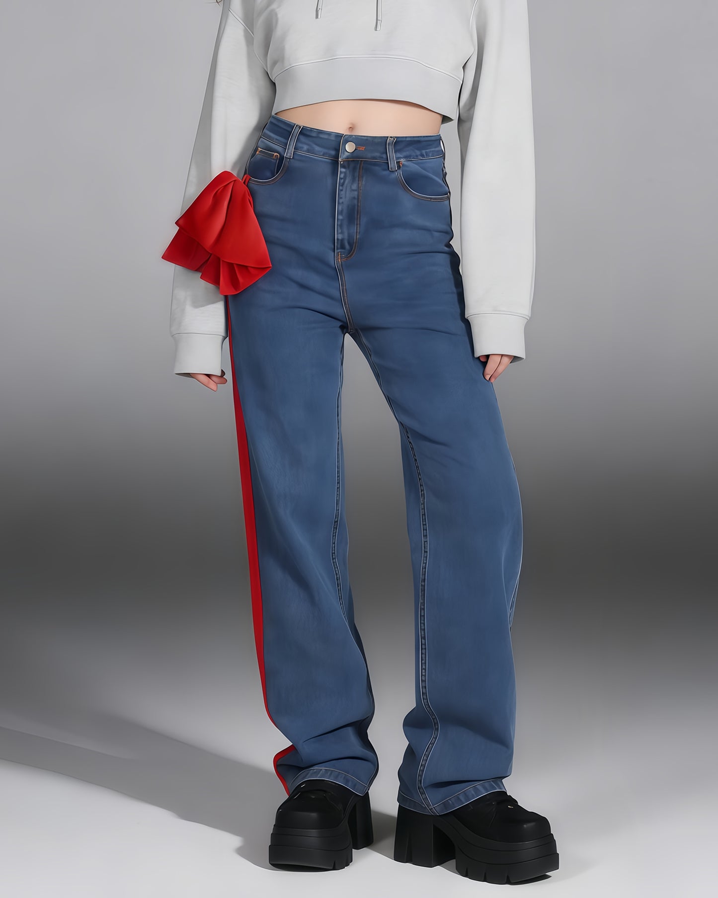 Blue Denim Wide-Leg Jeans with Red Bow
