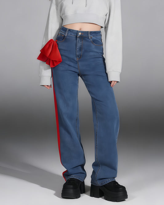 Blue Denim Wide-Leg Jeans with Red Bow