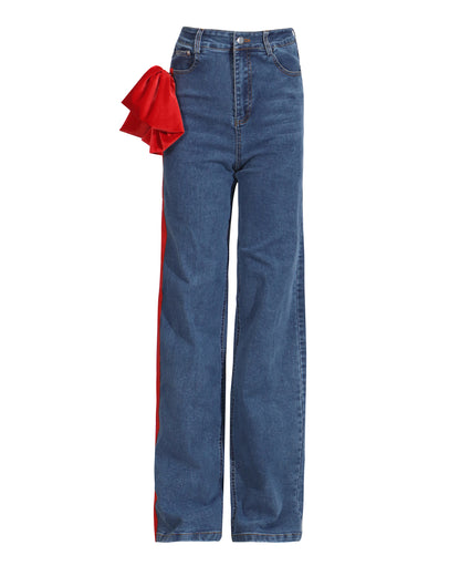 Blue Denim Wide-Leg Jeans with Red Bow