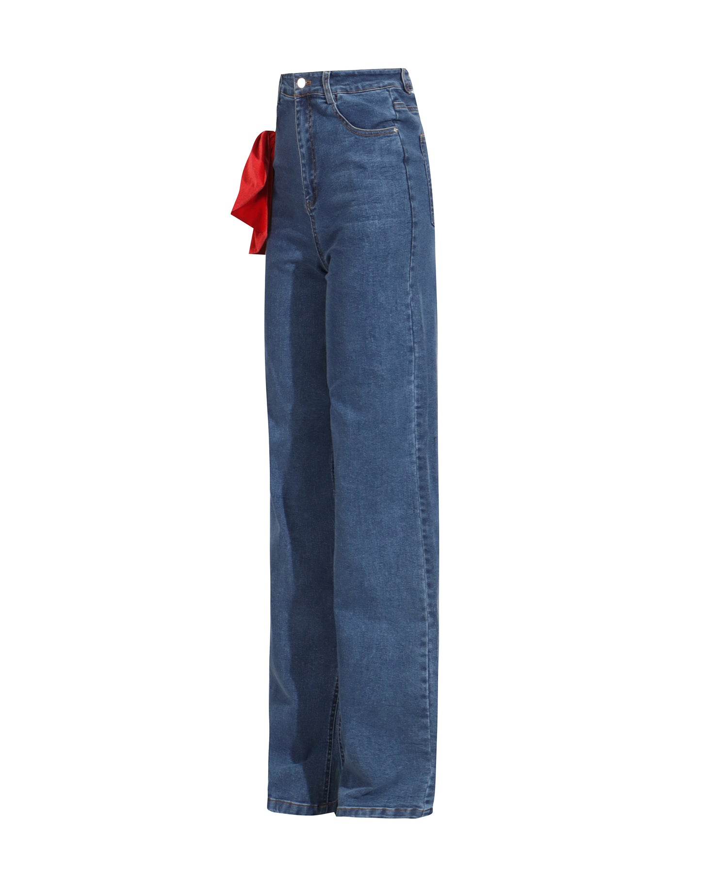 Blue Denim Wide-Leg Jeans with Red Bow