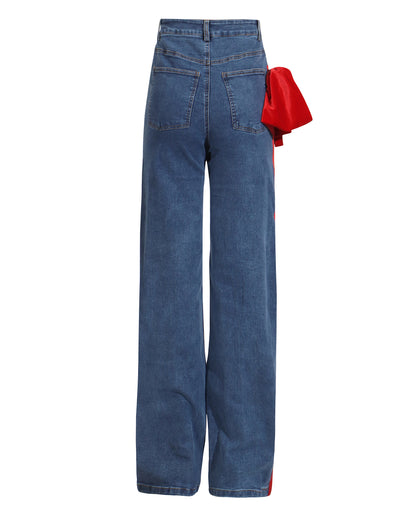 Blue Denim Wide-Leg Jeans with Red Bow