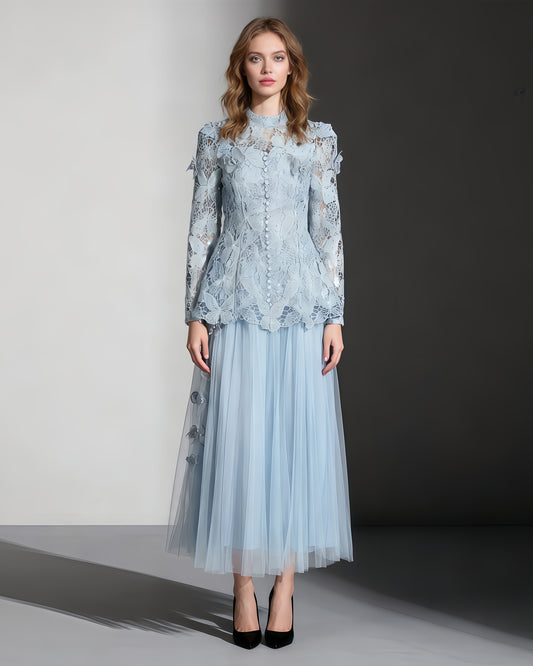 Blue Lace Top & Tulle Skirt Two-Piece Set