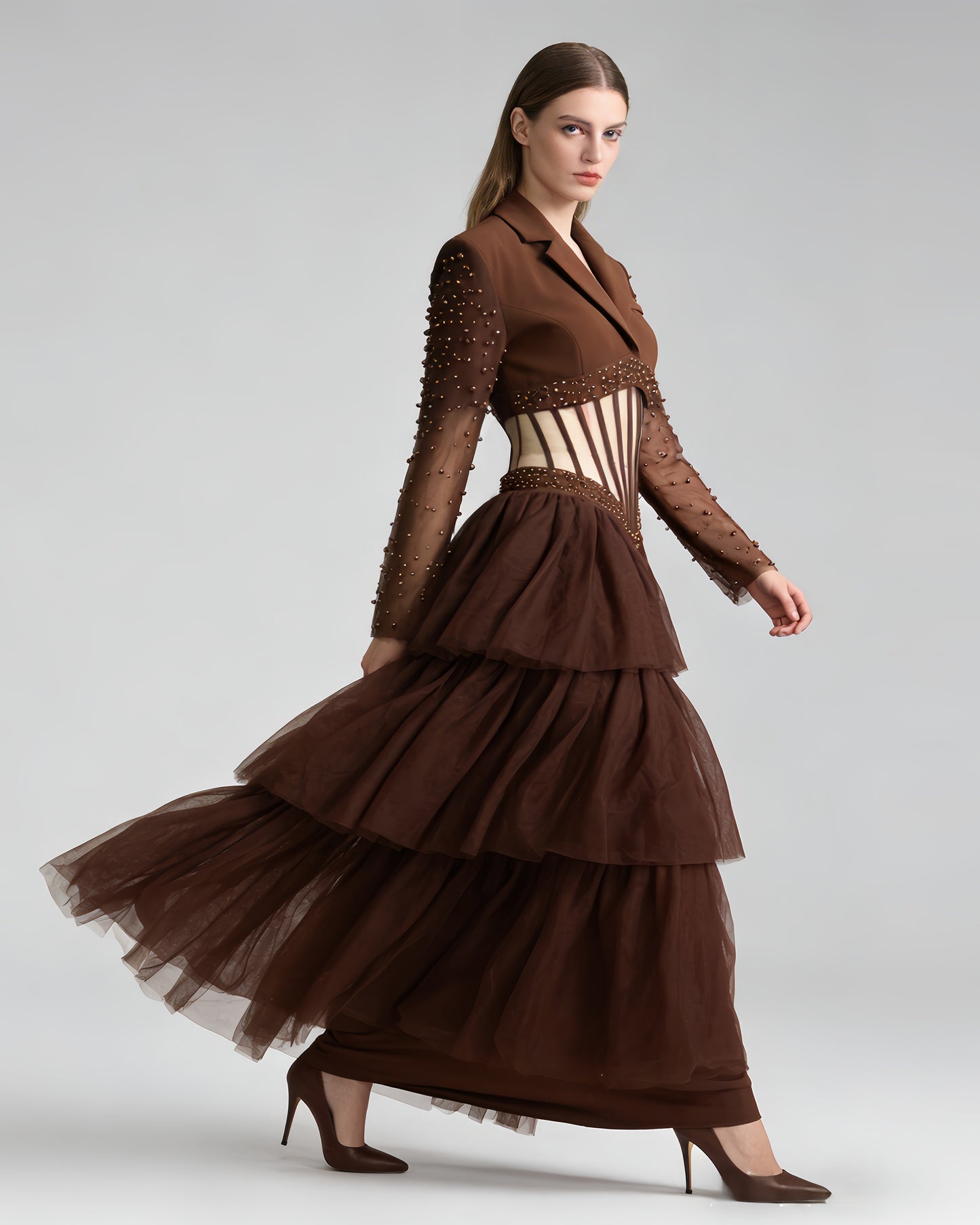Brown Beaded Sheer Tiered Maxi Dress