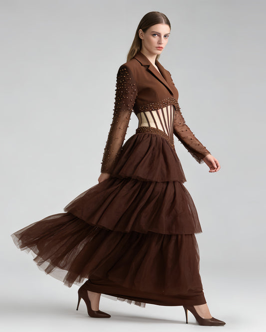 Brown Beaded Sheer Tiered Maxi Dress
