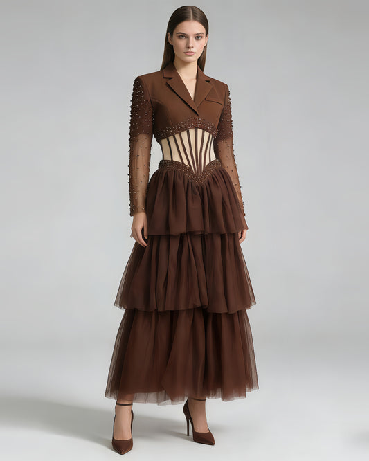 Brown Beaded Sheer Tiered Maxi Dress