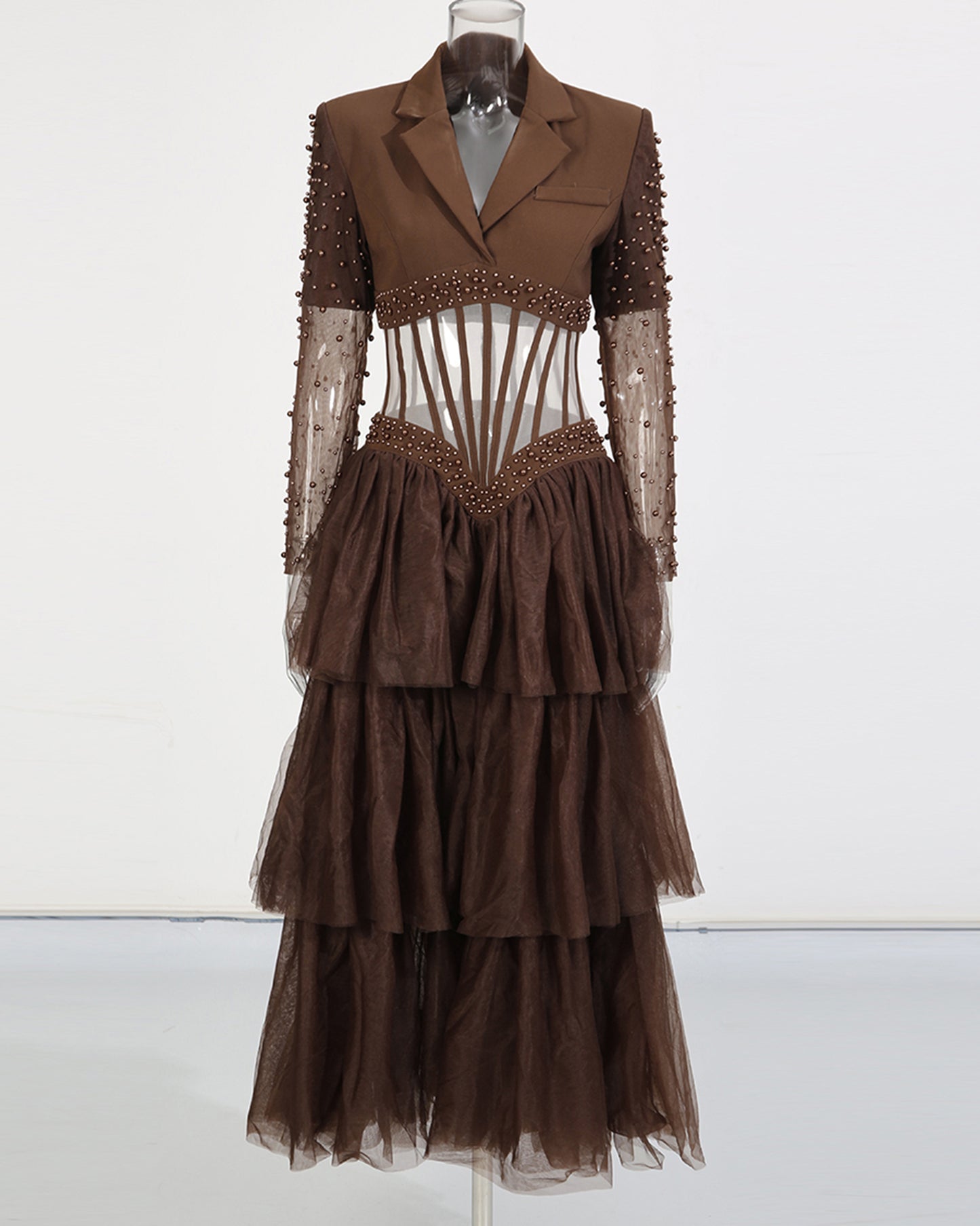 Brown Beaded Sheer Tiered Maxi Dress