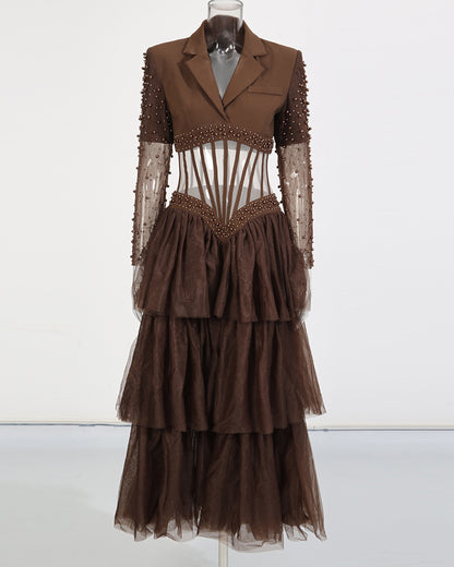 Brown Beaded Sheer Tiered Maxi Dress