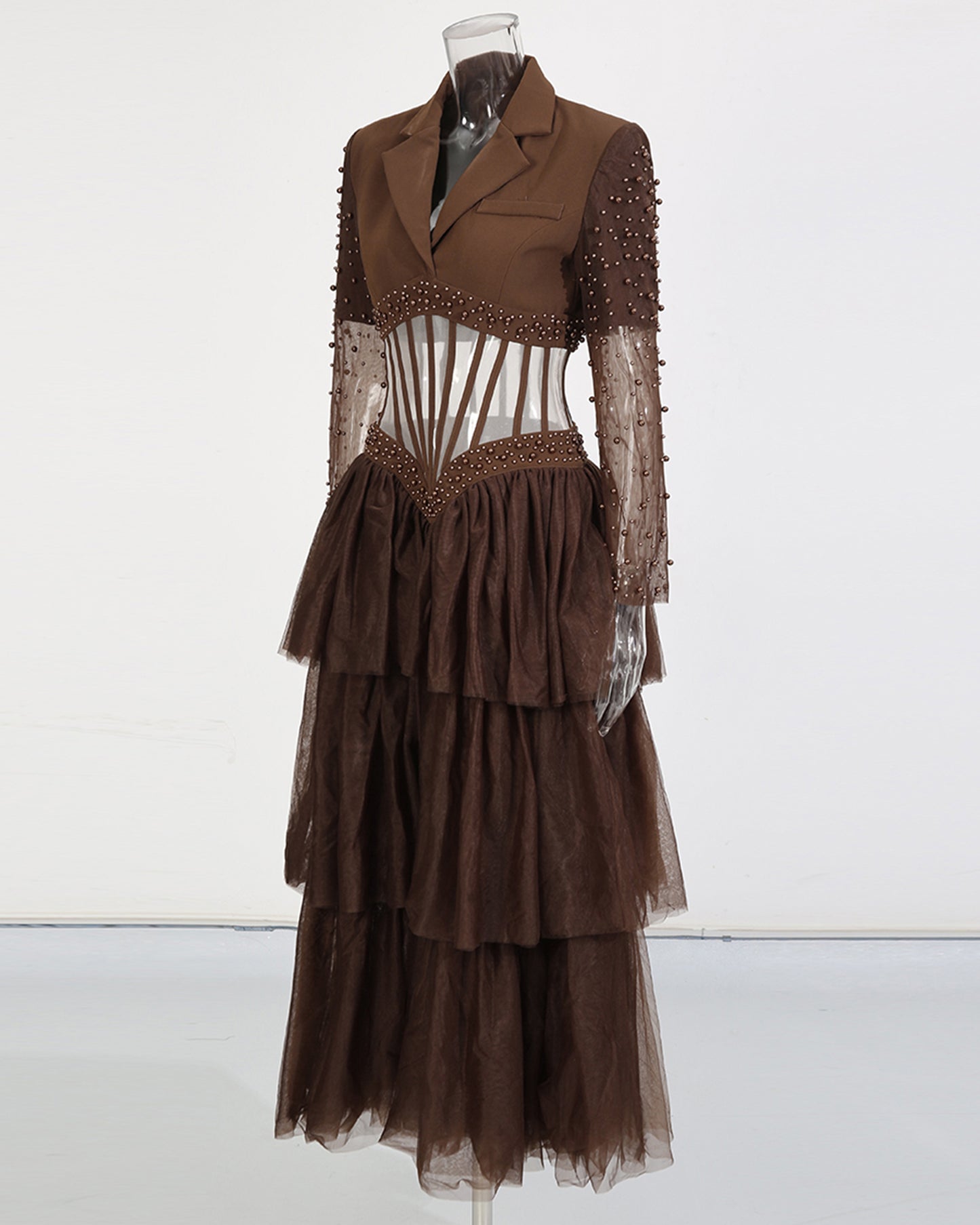 Brown Beaded Sheer Tiered Maxi Dress
