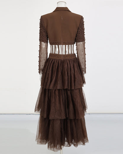 Brown Beaded Sheer Tiered Maxi Dress