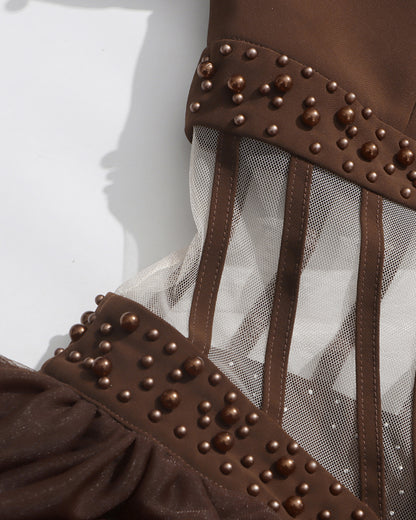 Brown Beaded Sheer Tiered Maxi Dress