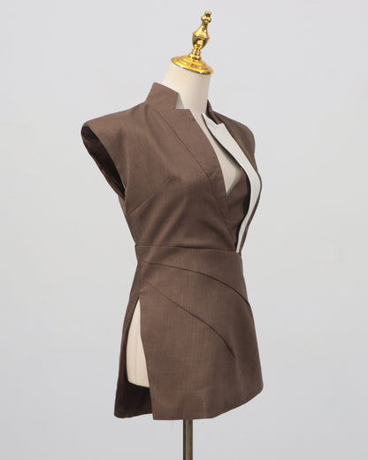 Brown Contrast Sleeveless Fitted Vest