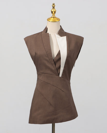 Brown Contrast Sleeveless Fitted Vest