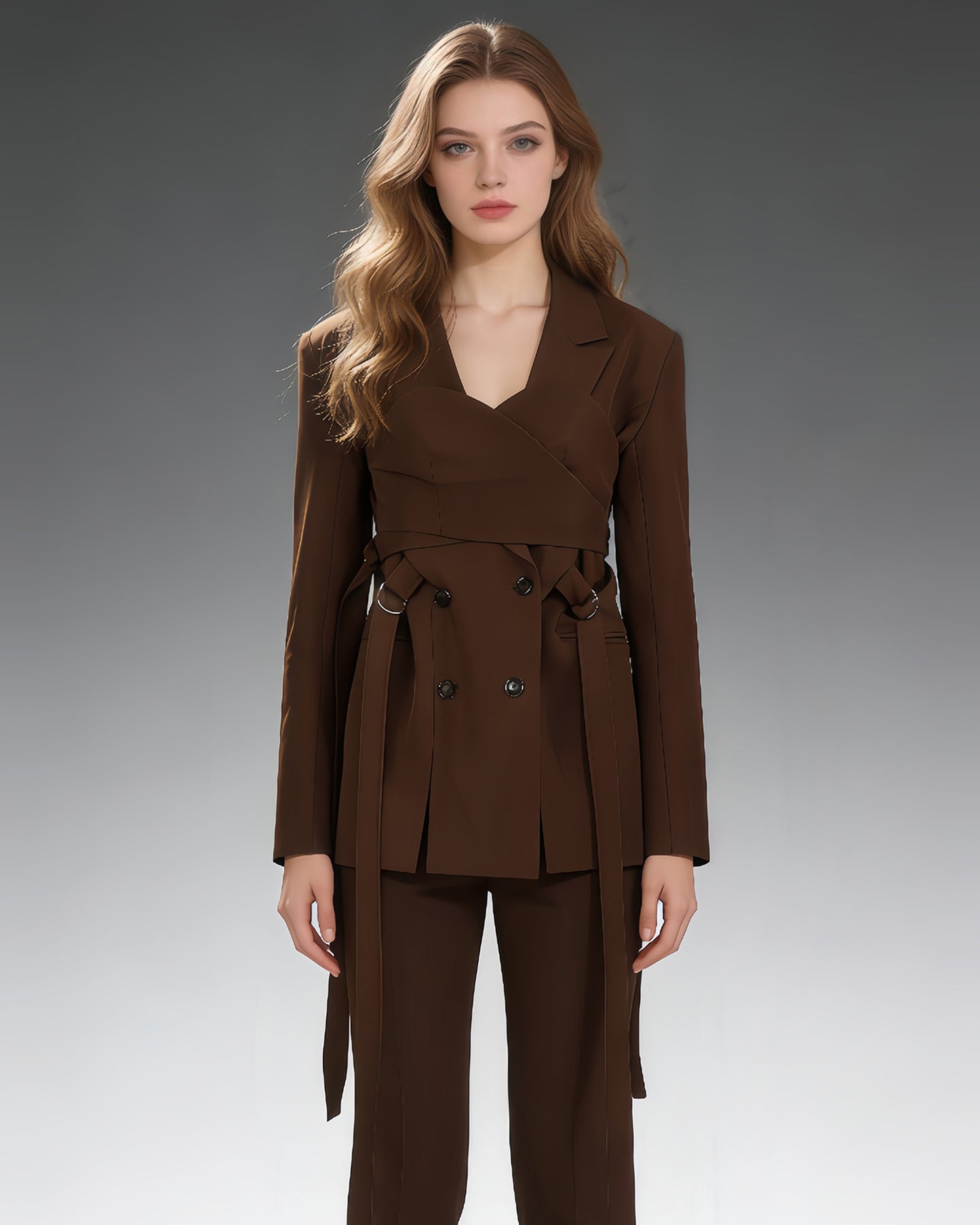 Brown Double-Breasted Blazer with Tie Straps