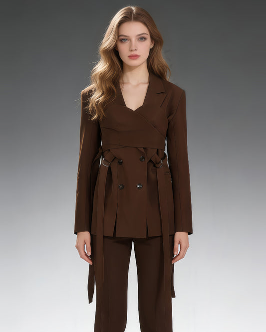 Brown Double-Breasted Blazer with Tie Straps
