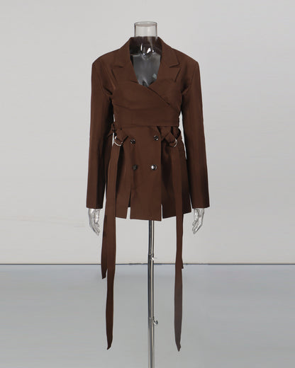Brown Double-Breasted Blazer with Tie Straps