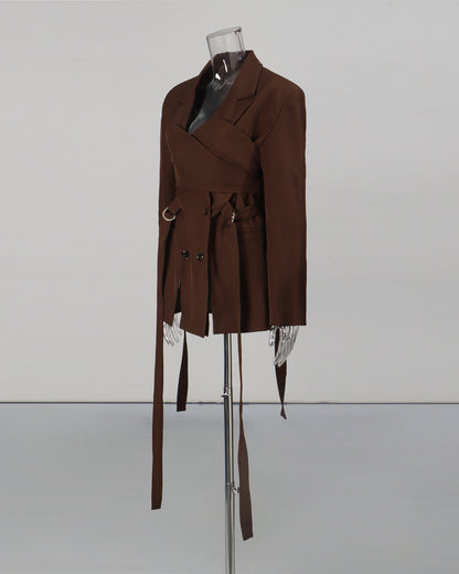 Brown Double-Breasted Blazer with Tie Straps