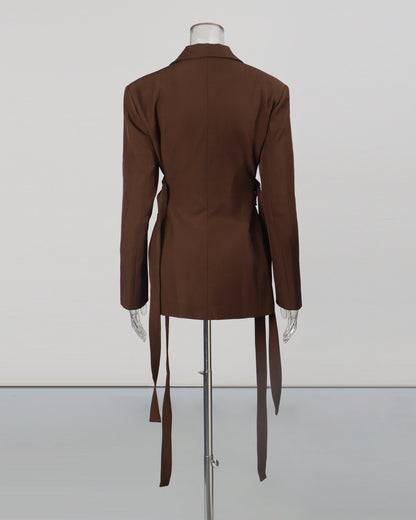 Brown Double-Breasted Blazer with Tie Straps
