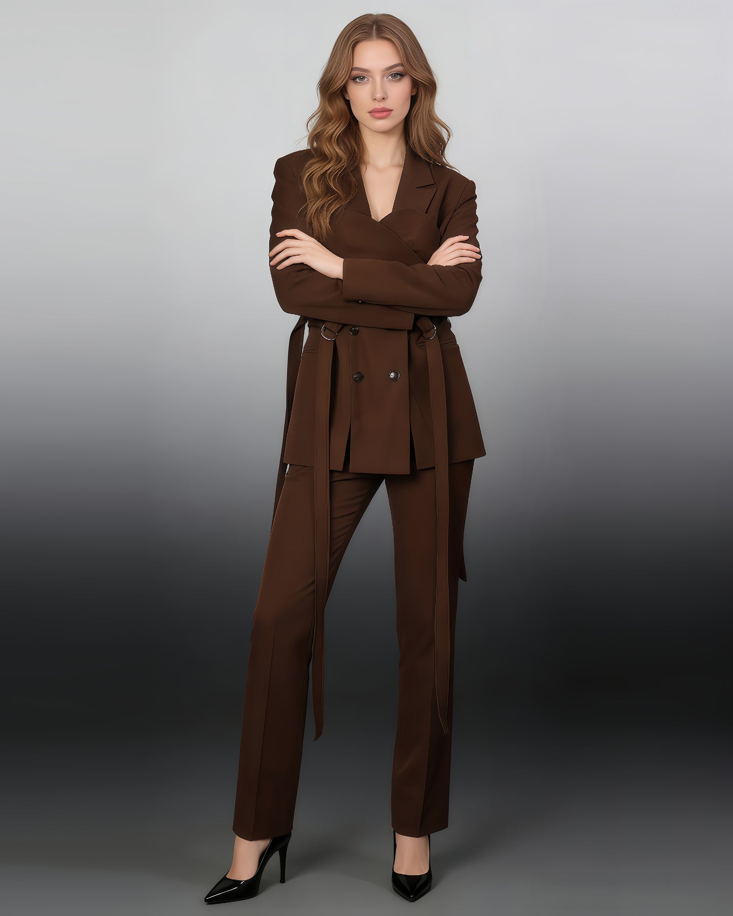 Brown Double-Breasted Blazer with Tie Straps