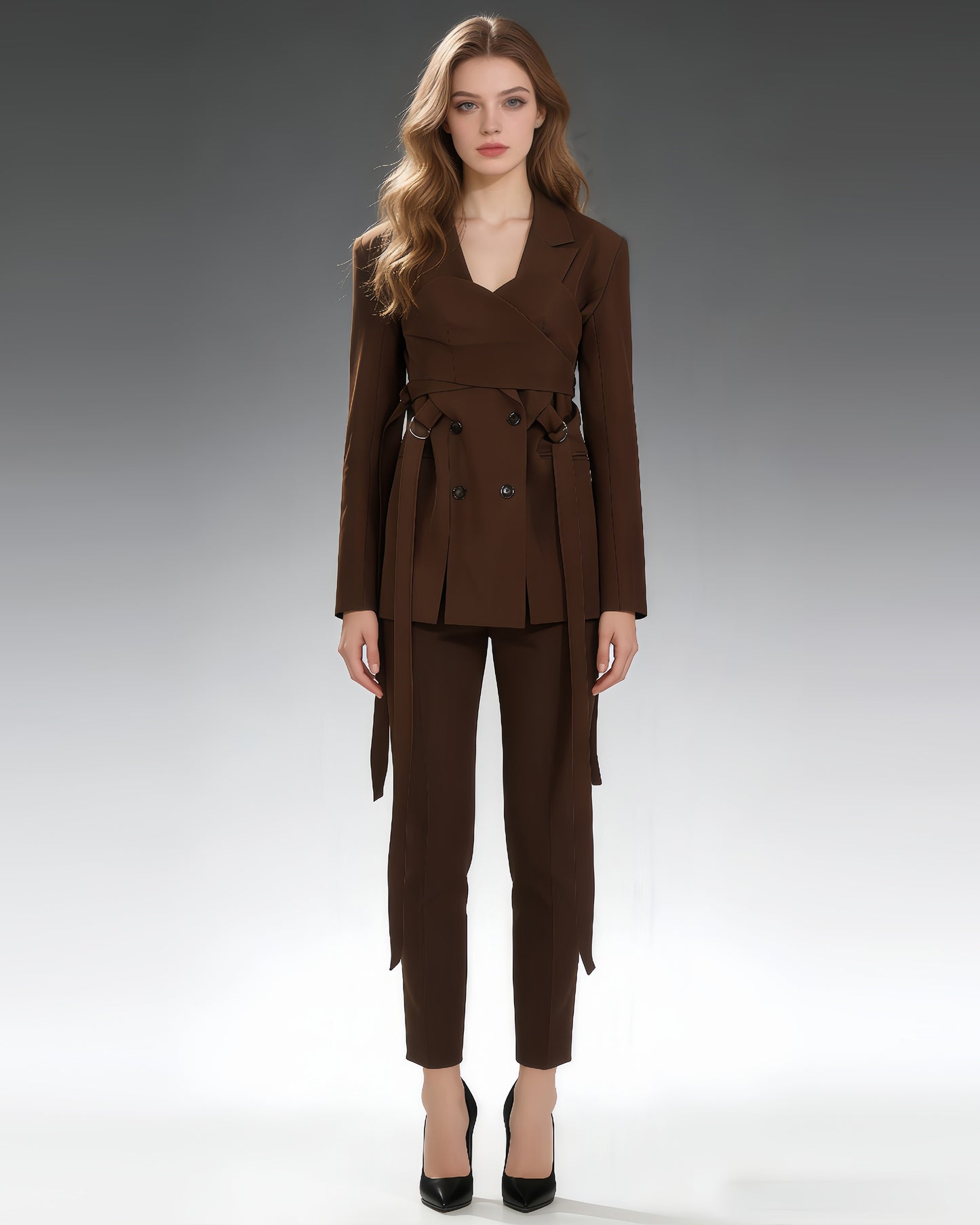 Brown Double-Breasted Blazer with Tie Straps