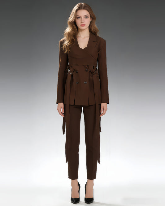 Brown Double-Breasted Blazer with Tie Straps