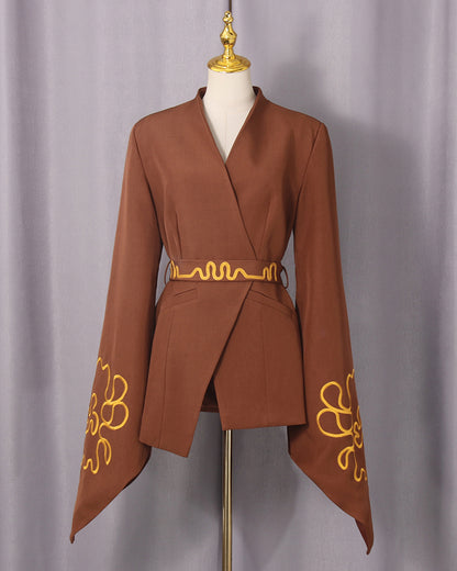 Brown Gold Embroidery Belted Jacket