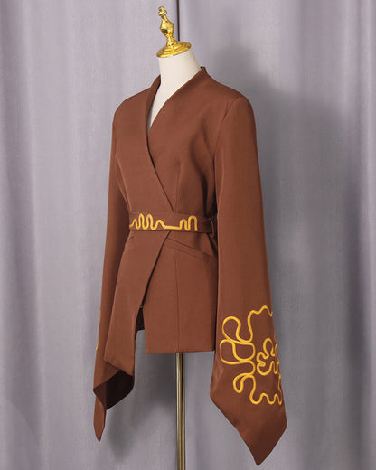 Brown Gold Embroidery Belted Jacket