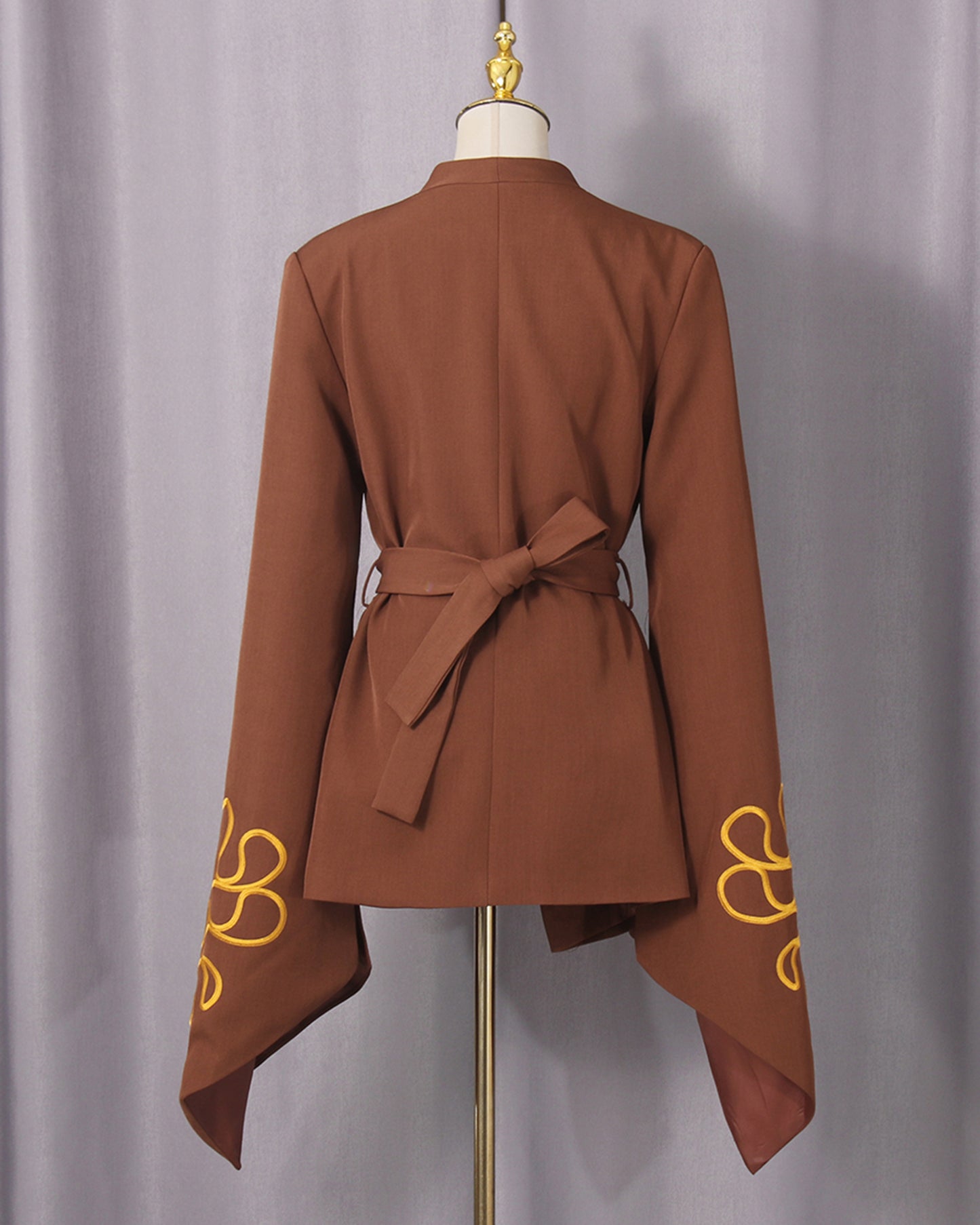Brown Gold Embroidery Belted Jacket
