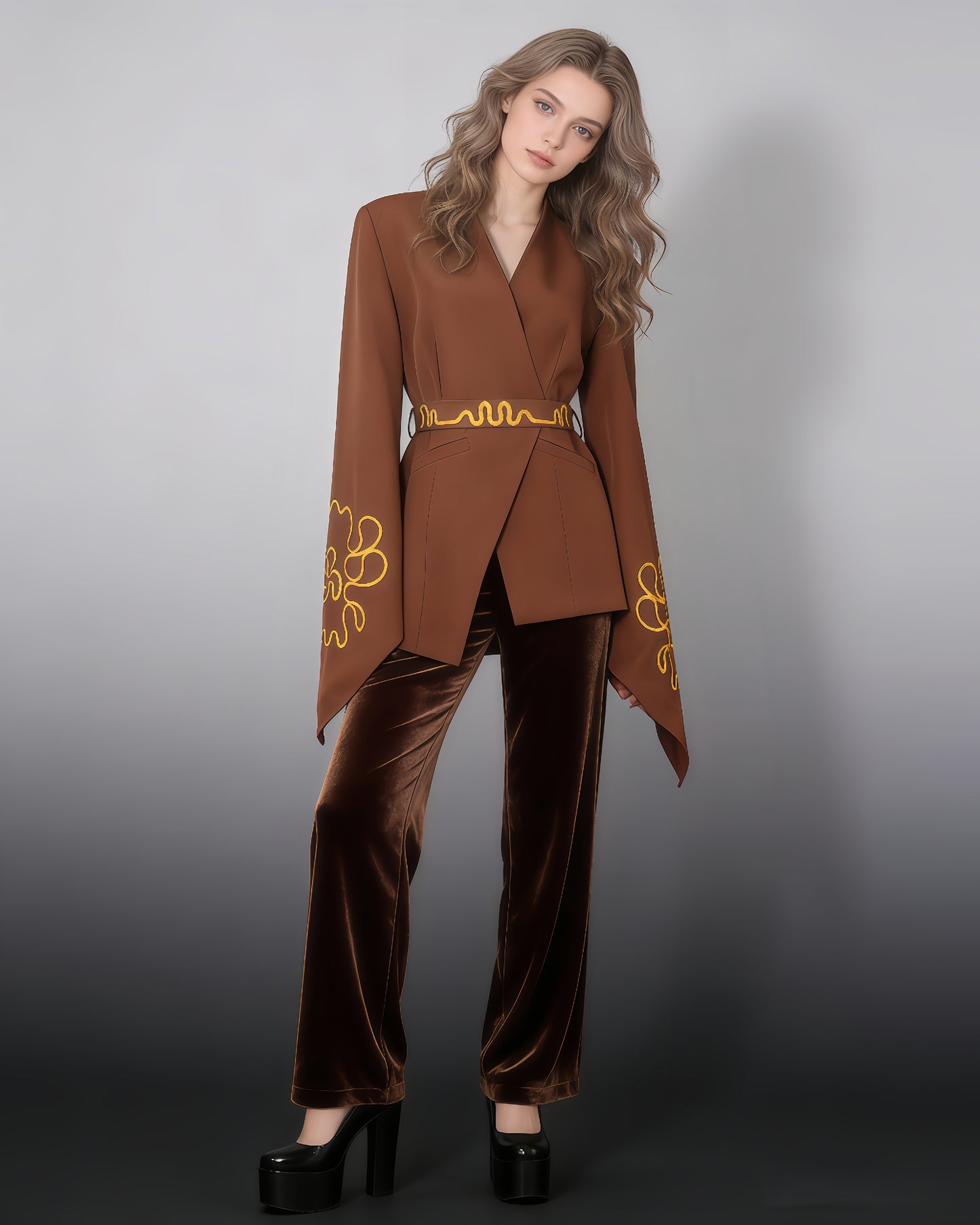 Brown Gold Embroidery Belted Jacket