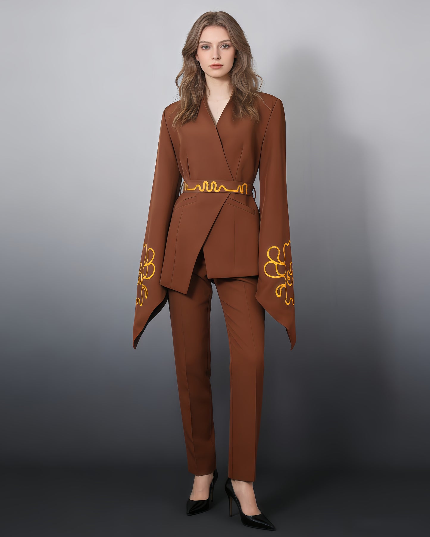 Brown Gold Embroidery Belted Jacket