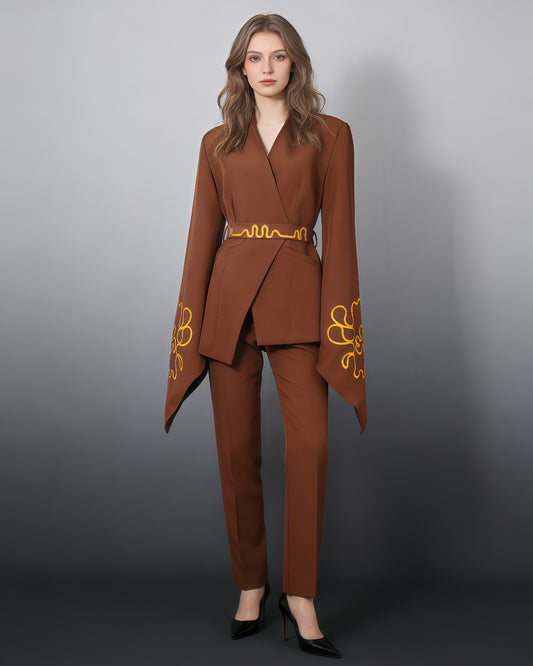 Brown Gold Embroidery Belted Jacket