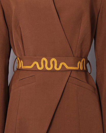 Brown Gold Embroidery Belted Jacket