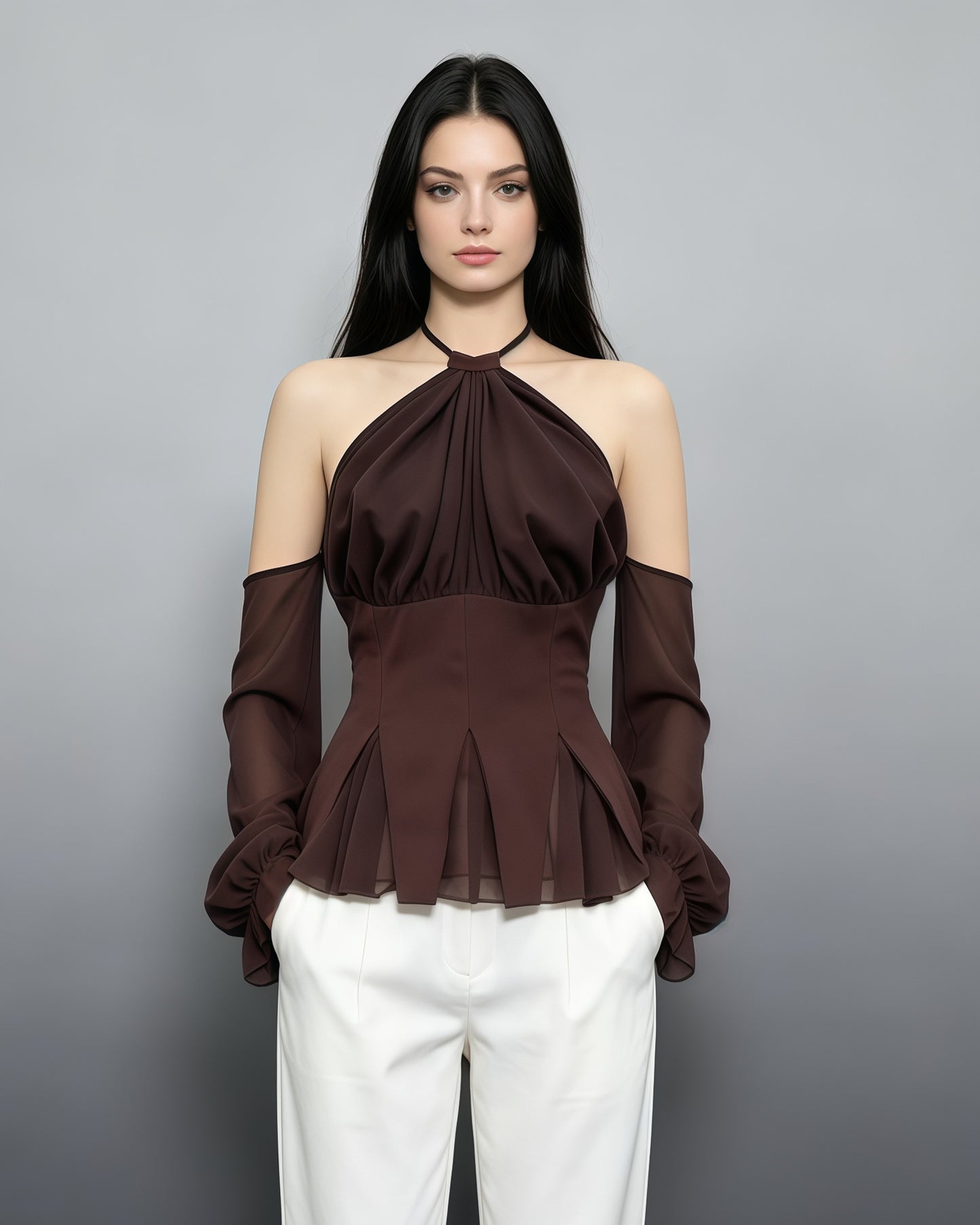 Brown Halter Off Shoulder Peplum Chiffon Top