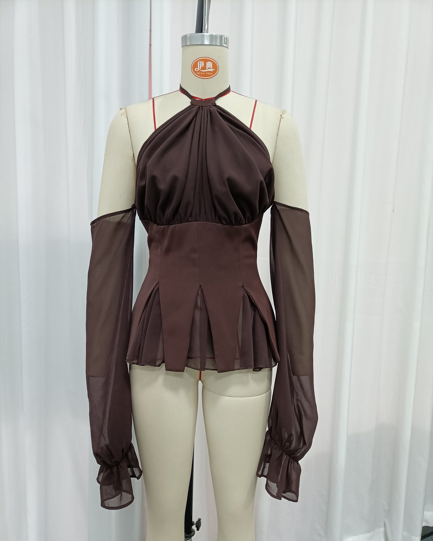 Brown Halter Off Shoulder Peplum Chiffon Top