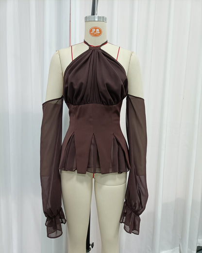 Brown Halter Off Shoulder Peplum Chiffon Top