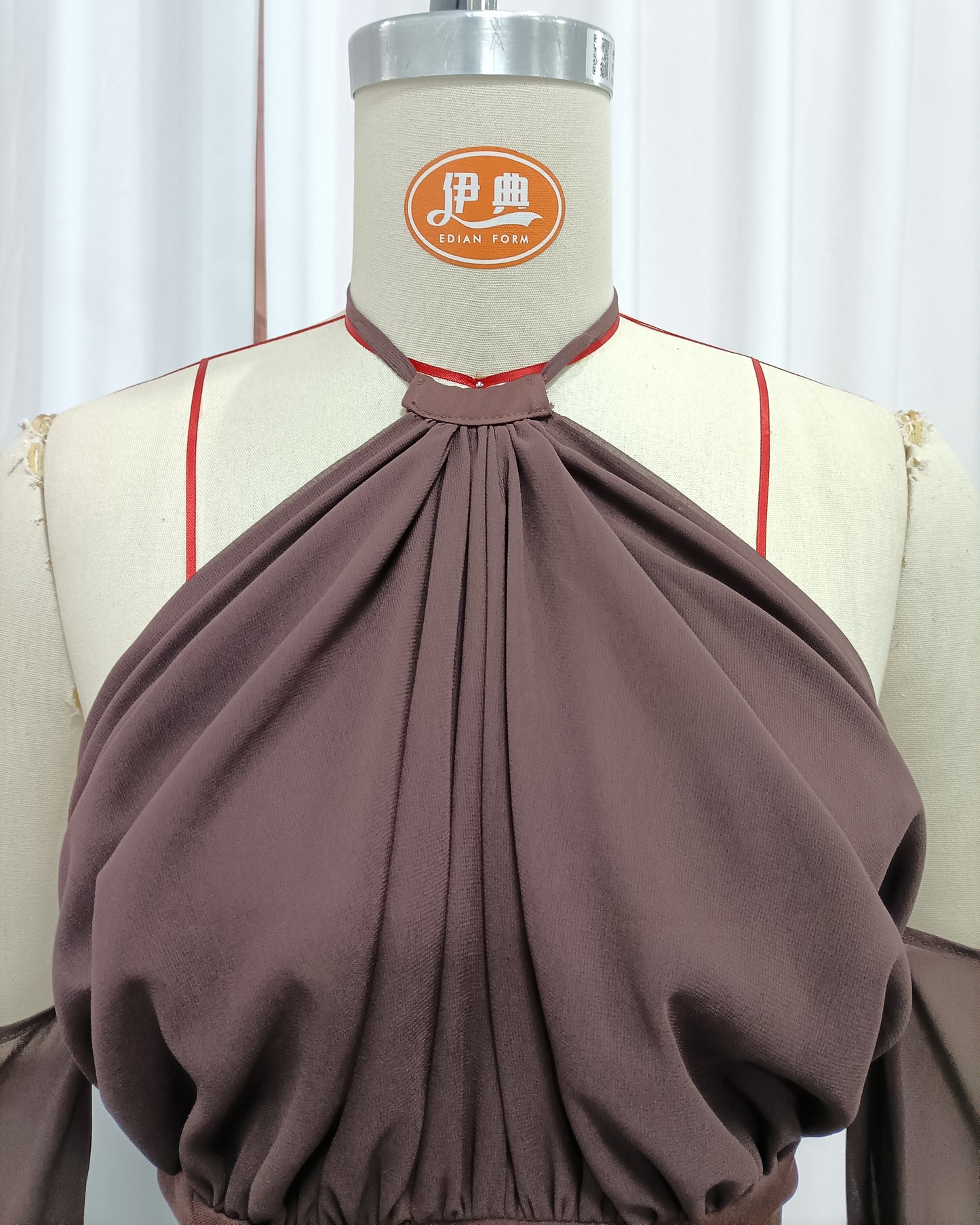 Brown Halter Off Shoulder Peplum Chiffon Top
