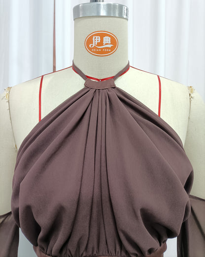 Brown Halter Off Shoulder Peplum Chiffon Top