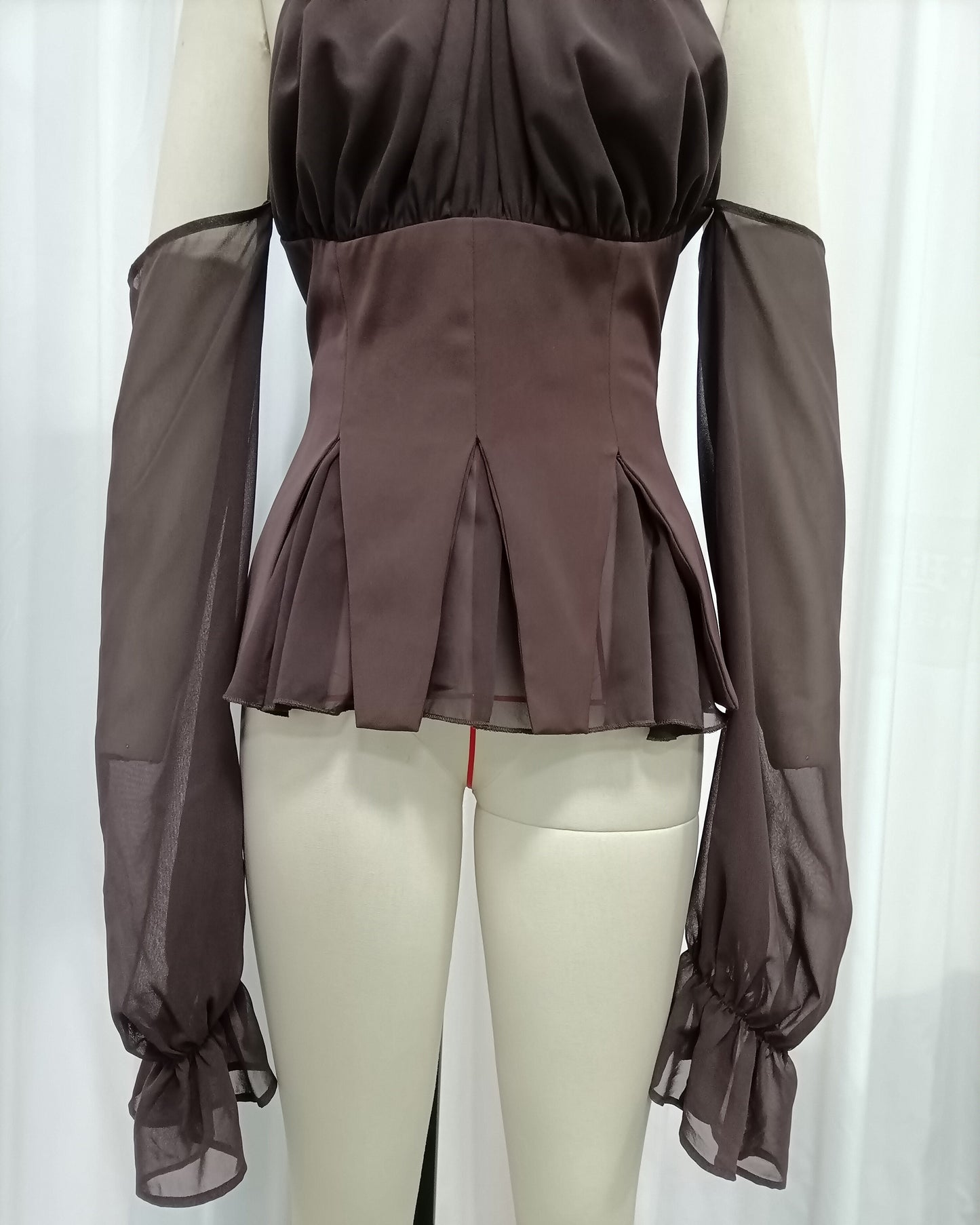 Brown Halter Off Shoulder Peplum Chiffon Top