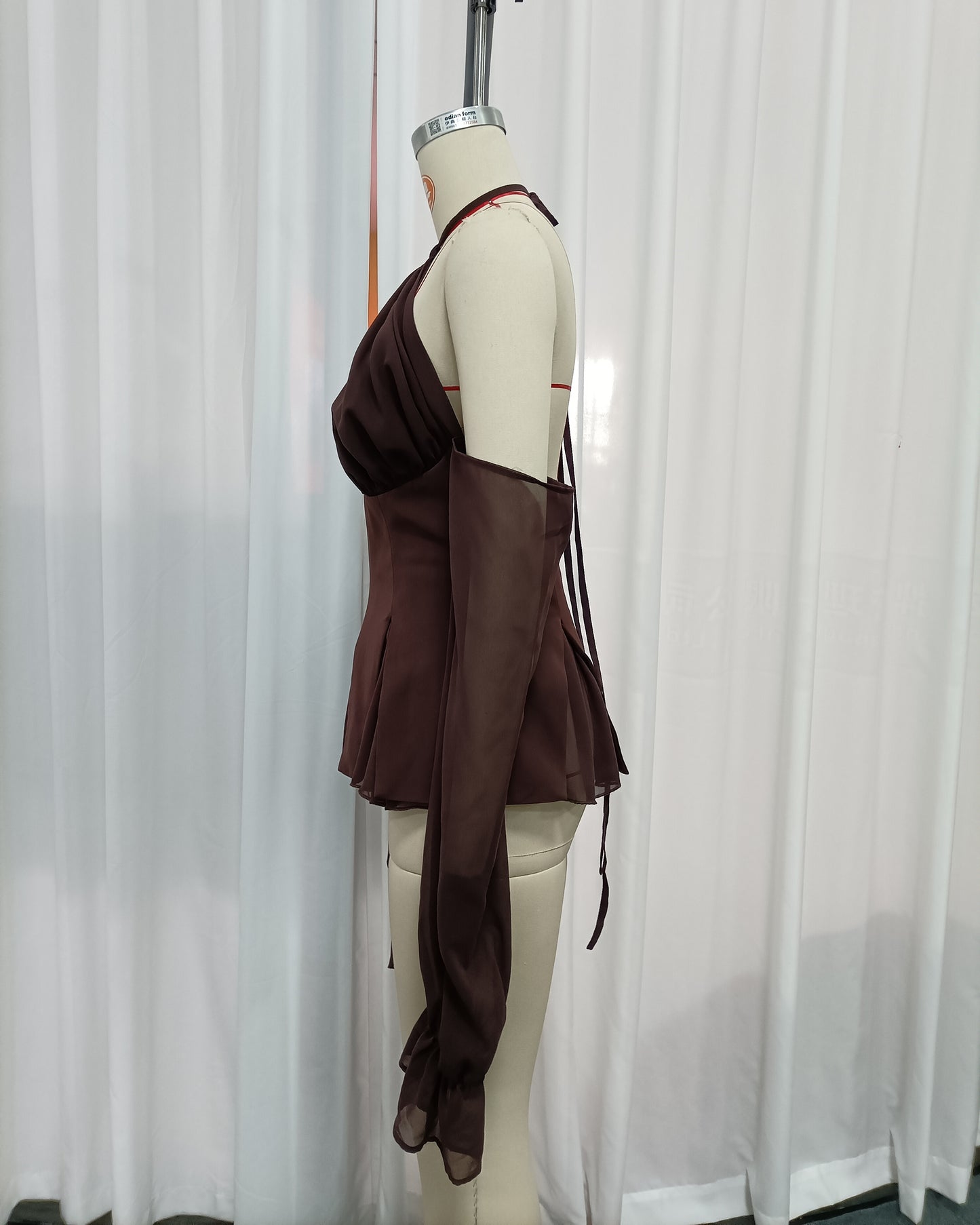 Brown Halter Off Shoulder Peplum Chiffon Top