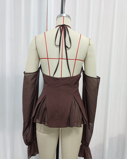 Brown Halter Off Shoulder Peplum Chiffon Top