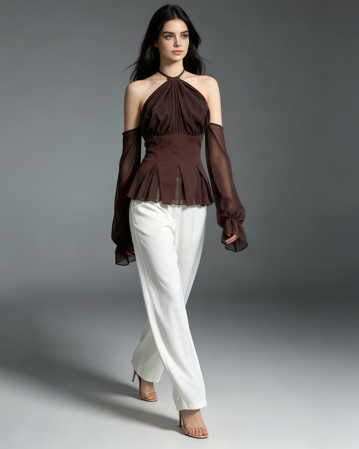 Brown Halter Off Shoulder Peplum Chiffon Top